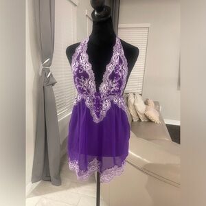 Y2K Victoria’s Secret chemise lace halter neck purple lace teddy babydoll M